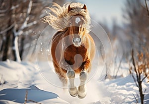 Horse galloping gracefully in the snow. Winter time. AI generated