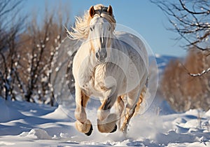 Horse galloping gracefully in the snow. Winter time. AI generated