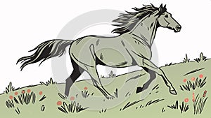 Horse galloping meadow, equestrian sport and rural countryside scene vector design Generative AI photo