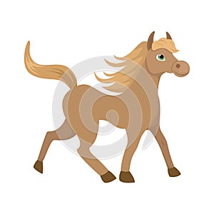 The horse gallops forward. Brown animal with long mane. Vector illustration of character.