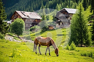 horse grazing near a mountain village cabin