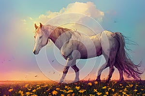 Horse on green lawn with daisies at sunset. Beautiful horse on green grass with wild flowers, chamomile. Generative AI.