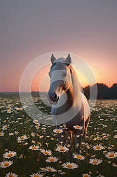 Horse on green lawn with daisies at sunset. Beautiful horse on green grass with wild flowers, chamomile. Generative AI.