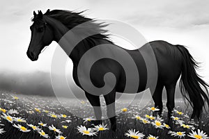 Horse on green lawn with daisies at sunset. Beautiful horse on green grass with wild flowers, chamomile. Generative AI.