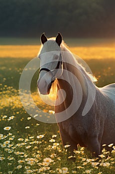 Horse on green lawn with daisies at sunset. Beautiful horse on green grass with wild flowers, chamomile. Generative AI.