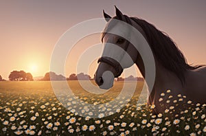 Horse on green lawn with daisies at sunset. Beautiful horse on green grass with wild flowers, chamomile. Generative AI.