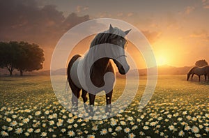 Horse on green lawn with daisies at sunset. Beautiful horse on green grass with wild flowers, chamomile. Generative AI.