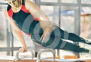 Horse, gymnastics and motion blur with a man training for an olympics event or sports competition. Exercise, balance and