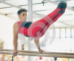 Horse, gymnastics and motion blur with an olympics man training for a sports event or competition. Exercise, balance and