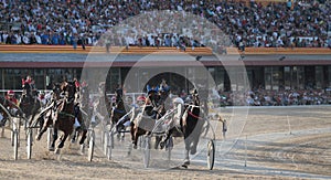 Horse harness race in mallorca crowded hippodrome wide