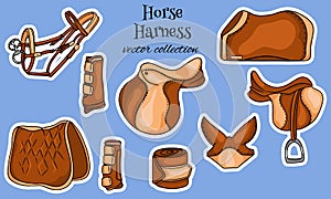 Horse harness a set of equestrian equipment saddle bridle blanket protective boots in cartoon style