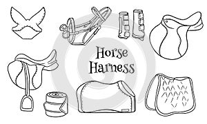 Horse harness a set of equestrian equipment saddle bridle blanket protective boots in line style coloring books.