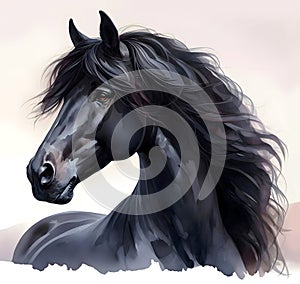 Horse. Head. Black Stallion. Portrait. Watercolor paint. Isolated illustration on a white background. Banner. Close-up