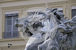 Horse head detail of the Fontaine Bartholdi, Place des Terreaux