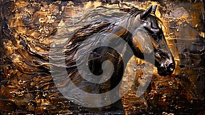 Horse head on golden grunge background. Digital art painting.