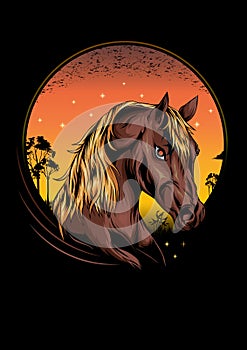 Horse head illustration with moon background in the afternoon