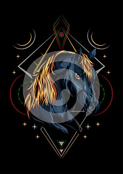 Horse head illustration with sacred geometry background