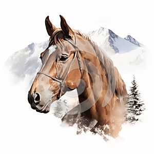 Hyperrealistic Illustration Of A Brown Horse On Snowy Mountain Background photo