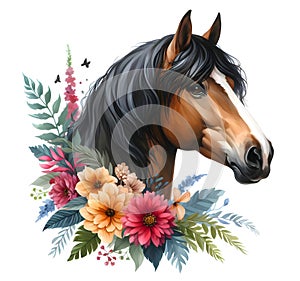 Horse head. Portrait. Brown Horse. Flowers. Watercolor. Isolated illustration on a white background. Banner. Close-up