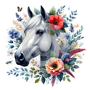 Horse head. Portrait. White Horse. Flowers. Watercolor. Isolated illustration on a white background. Banner. Close-up