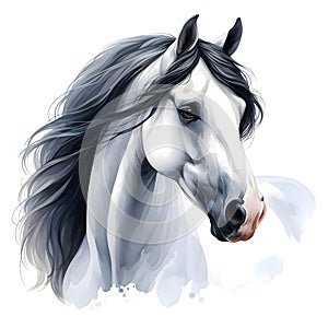 Horse. Head. Portrait. White Horse. Watercolor. Isolated illustration on a white background. Banner. Close-up