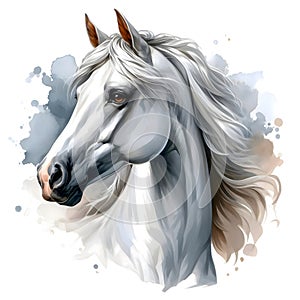 Horse. Head. Portrait. White Horse. Watercolor. Isolated illustration on a white background. Banner. Close-up