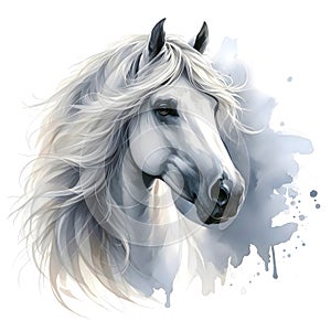 Horse. Head. Portrait. White Horse. Watercolor. Isolated illustration on a white background. Banner. Close-up