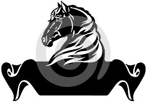 Horse head and ribbon. Silhouette. Side view