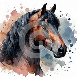 Horse head. Stallion. Portrait. Watercolor paint. Isolated illustration on a white background. Banner. Close-up