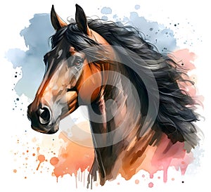 Horse head. Stallion. Portrait. Watercolor paint. Isolated illustration on a white background. Banner. Close-up