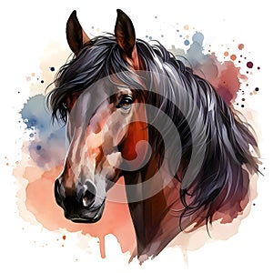 Horse head. Stallion. Portrait. Watercolor paint. Isolated illustration on a white background. Banner. Close-up