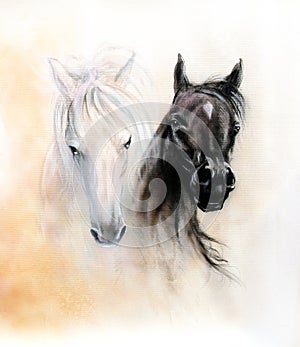 Horse heads, two black and white horse spirits, beautiful detail