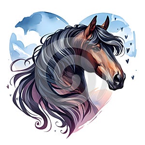 Horse. Heart. Horse's head. Portrait. Watercolor. Isolated illustration on a white background. Banner. Close-up