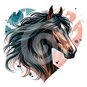 Horse. Heart. Horse& x27;s head. Portrait. Watercolor. Isolated illustration on a white background. Banner. Close-up