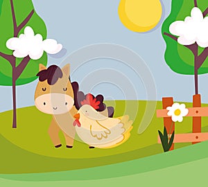 Horse and hen wooden fence flowers trees farm animal cartoon