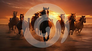 a horse herd against a solid background, bathed in the golden glow of a sunrise