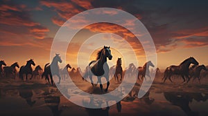 a horse herd against a solid background, under the soft hues of a twilight sky
