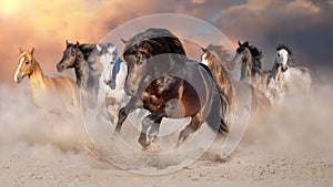 Horse herd run in desert