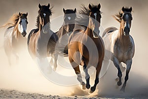 Horse herd run in desert. Running horses. Generative AI