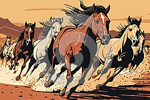 Horse herd run in desert. Running horses. Generative AI