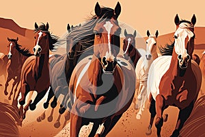 Horse herd run in desert. Running horses. Generative AI