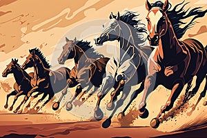 Horse herd run in desert. Running horses. Generative AI