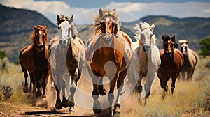 Horse herd run in desert sand storm against dramatic sky. generative ai