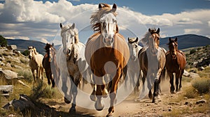 Horse herd run in desert sand storm against dramatic sky. generative ai