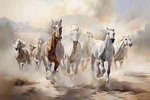 Horse herd run gallop in desert dust against dramatic sky