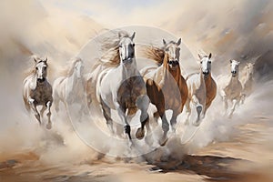 Horse herd run gallop in desert dust against dramatic sky