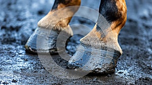 Horse hooves. The horse\'s feet are standing in the mud. Copy space