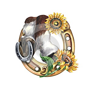 Horse hooves with horseshoe and sunflowers. Watercolor illustration. For printing, stickers and labels.