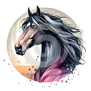 Horse. Horse& x27;s head. Black horse. Portrait. Watercolor. Isolated illustration on a white background. Banner. Close