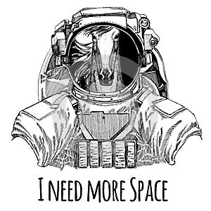 Horse, hoss, knight, steed, courser Astronaut. Space suit. Hand drawn image of lion for tattoo, t-shirt, emblem, badge